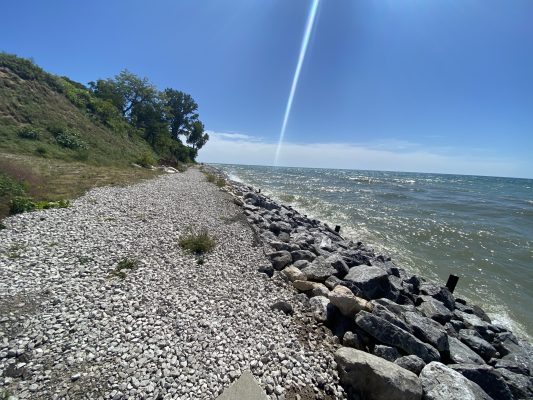 Rock revetment protecting a Lake Michigan shoreline from erosion